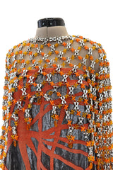 Ultra Rare 1990s Paco Rabanne Haute Couture Metallic Silver & Coral Dress w Chainlink Top & Headpiece