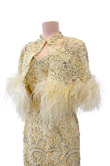 Fabulous 1950s Unlabeled Pearl, Bead & Feather Detailed Yellow Lace Dress w Matching Cape
