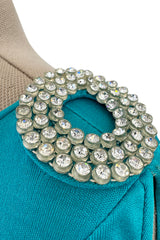Spectacular Early 1970s Loris Azzaro Plunging Turquoise Silk Jersey w Open Rhinestone Rings