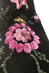 Prettiest 1920s Hickson Inc. Black Moss Crepe Dress w Tie Neck & Hand Sequinned Sleeves