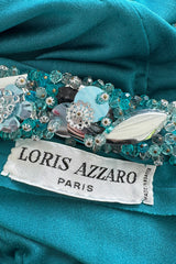 Stunning Spring 1971 Loris Azzaro Deep Turquoise Silk Jersey Dress w Densely Beaded Plunging Front Detail