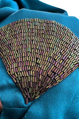 Amazing 1980s Bill Blass Bias Cut Deep Teal Silk Dress w Bead Detailing & Draped Low Back