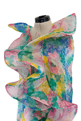 Beautiful 1980s Pierre Cardin Haute Couture Silk Chiffon Pastel Floral Ruffled Strapless Dress & Cape