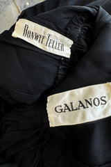 Gorgeous 1960s James Galanos Meticulously Pleated Black Silk Chiffon Dress w Elaborate Belt