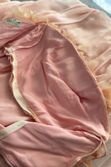 Prettiest 1960s Unlabeled Pale Pink Strapless Dress w Silk Chiffon & Flower Detailed Bodice
