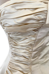 1950s Philip Hulitar Couture Strapless Gathered Front Champagne Ivory Silk Dress w Bow