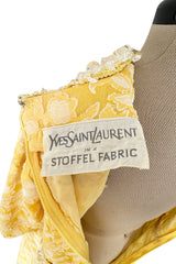 Prettiest 1960s Yves Saint Laurent Stoffler Fabrics Yellow Brocade Dress w Clear Beads