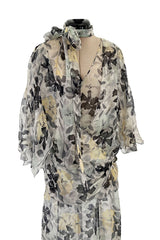 Dreamy 1920s Unlabeled Feather Light Floral Print Silk Chiffon Dress w Jacket