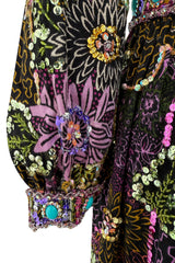 Amazing 1970s Valentina Inc. Elaborate Sequin & Bead on Printed Felt Dress