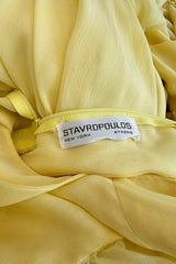 Exceptional 1970s George Stavropoulos Pale Yellow Bias Cut Silk Chiffon Caftan Dress w Attached Panel