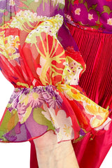 1972 Yves Saint Laurent Red Floral Silk Chiffon & Red Silk Dress w Balloon Sleeves & Pleat Detailing