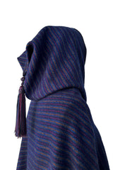 Fabulous Fall 1976 Yves Saint Laurent Striped Blue Wool Knee Length Cape w Hood & Tassel Detailing