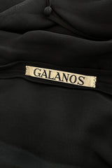 Beautiful 1970s James Galanos Couture Black Silk Chiffon Bias Cut Dress w Removeable Ruffled Collar