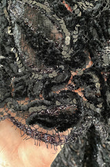 Incredible Fall 1970 Donald Brooks Runway Black Chenille & Sequin Net Lace Dress w Plunge Front