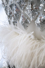 Fantastic Fall 2019 Huishan Zhang Silver Sequin on White Net & Organza Dress w Feather Detailing