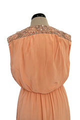 Documented 1960s Tiziani Couture by Karl Lagerfeld Peach Silk Plunge Dress w Matching Feather Cape