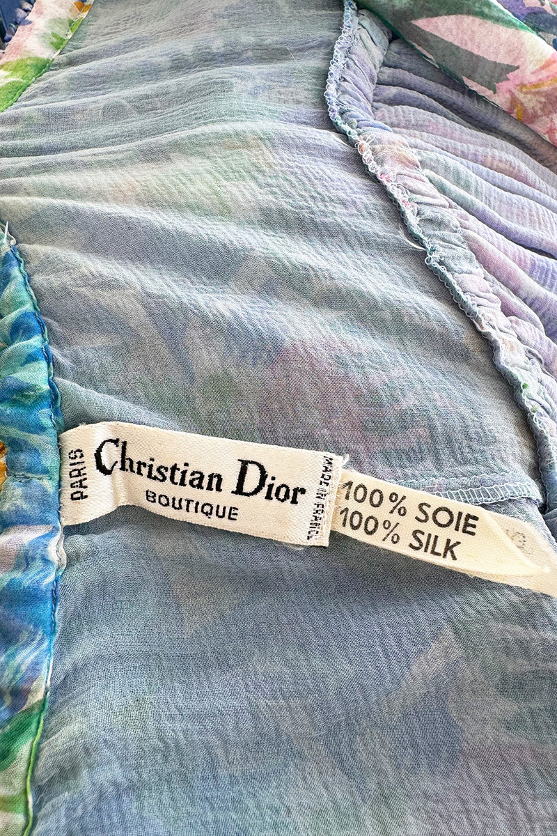 Spectacular Spring 1978 Christian Dior by Marc Bohan Blue Floral Silk Chiffon Dress w Ribbon Straps