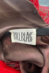 Incredible Fall 1979 Bill Blass Couture Red Silk Chiffon Dress w Gold Sequins & Mink Cuffs