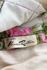 Stunning Fall 1970 Bill Blass Pink Quilted Silk Floral Pattern Metallic Dress w Banded Waist