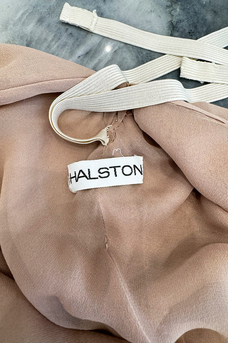Fall 1975 Halston Runway Pale Neutral Bias Cut Silk Chiffon Dress W Ruffled & Open V Back
