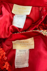 Bright Red 1980s Balenciaga Le Dix Sequin Jacket & Skirt Suit w Gold Braiding & Beadwork Detailing