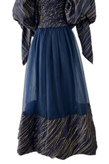 Very Rare Fall 1986 Chanel by Karl Lagerfeld Blue & Gold Strapless w Removable Sleeves