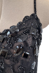 Incredible 1970s Christian Dior by Marc Bohan Demi-Couture Elaborately Beaded Black Lace Net Dress