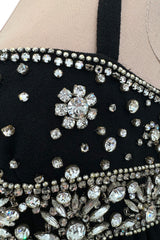 Sophisticated 1960s Donald Brooks Fine Black Wool Crepe Dress w Elaborate Rhinestone Detailing