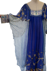 1960s Bloomingdales Label Royal Blue Silk Chiffon & Gold Thread Caftan