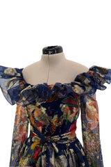 Prettiest 1960s Oscar de la Renta Metallic Thread Detailed Silk Organza Printed Off Shoulder Dress
