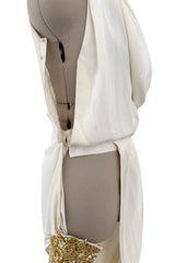 Spring 1990 Hubert de Givenchy Haute Couture Runway Ivory Silk Dress w Gold Metal Detailing