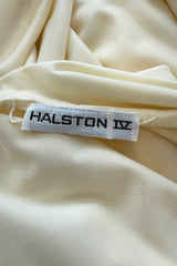 1970s Halston Draped Minimal Seamed Ivory Jersey Wrap Over Dress w Full Sleeves