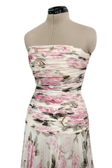 Prettiest 1970s Lanvin Couture Pastel Floral Print Strapless Silk Chiffon Dress w Balloon Sleeve Jacket