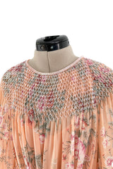 Incredible 1970s Hanae Mori Floral & Butterfly Peach Silk Chiffon Dress w Balloon Sleeves & Beading