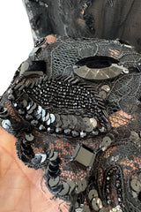Incredible 1970s Christian Dior by Marc Bohan Demi-Couture Elaborately Beaded Black Lace Net Dress