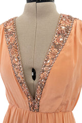Documented 1960s Tiziani Couture by Karl Lagerfeld Peach Silk Plunge Dress w Matching Feather Cape
