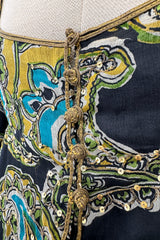 Rare 1960s Thea Porter Couture Printed Silk Chiffon Dress w Gold Sequins & Gold Metal Thread Detailing