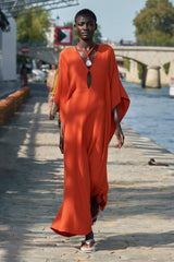 Spring 2022 Chloe by Gabriela Hearst Deep Burnt Orange Silk Caftan Dress w Hand Braided & Shell Detailing