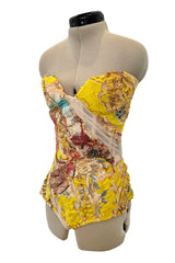 Very Rare Spring 2003 Roberto Cavalli Printed Silk & Net Boned Corset & Red Sequin Mini Skirt Set