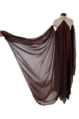 Extraordinary 1970s Yuki Brown Chiffon Caftan Dress w Open Shoulders & Incredible Sleeves