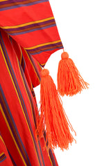 Incredible 1960s Josefa Striped Cotton Caftan Dress w Hood & Huge Orange Yarn Tassel Detailing