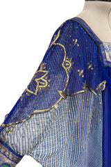 1960s Bloomingdales Label Royal Blue Silk Chiffon & Gold Thread Caftan