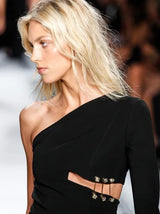 Spring 2015 Versus Versace Runway Look 15 Black Stretch Bandaid Dress w Gold Pins & Cut Out