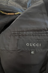 Minimalist Fall 2000 Gucci by Tom Ford Runway Look 3 Black Pant Suit w Leather Collar Detailing