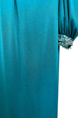 Stunning Spring 1971 Loris Azzaro Deep Turquoise Silk Jersey Dress w Densely Beaded Plunging Front Detail