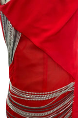 Fabulous 2000s Versace by Donatella Red Crepe Dress w Rhinestone & Silver Chain Detailing