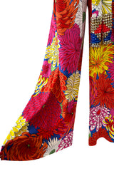 Fabulous 1970s Hanae Mori Bright Floral Print Jersey Pant & Top Set w Beading