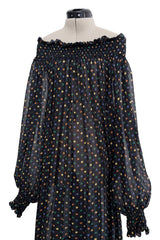 Spring 1978 Yves Saint Laurent Runway & Ad Campaign Off Shoulder Silk Chiffon Dot Dress