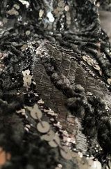 Incredible Fall 1970 Donald Brooks Runway Black Chenille & Sequin Net Lace Dress w Plunge Front