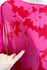 Dreamiest 1990s Yves Saint Laurent Oversized Floral Print Pink & Red Silk Chiffon Caftan Dress